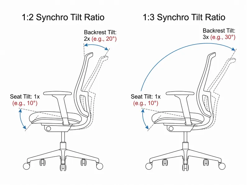 Diagram showing 1:2 and 1:3 synchro tilt ratio — seat and backrest motion arc comparison