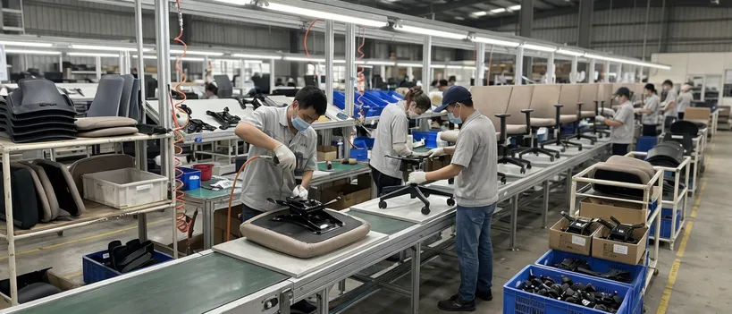 Contract office furniture manufacturing assembly line using tilt chair mechanisms
