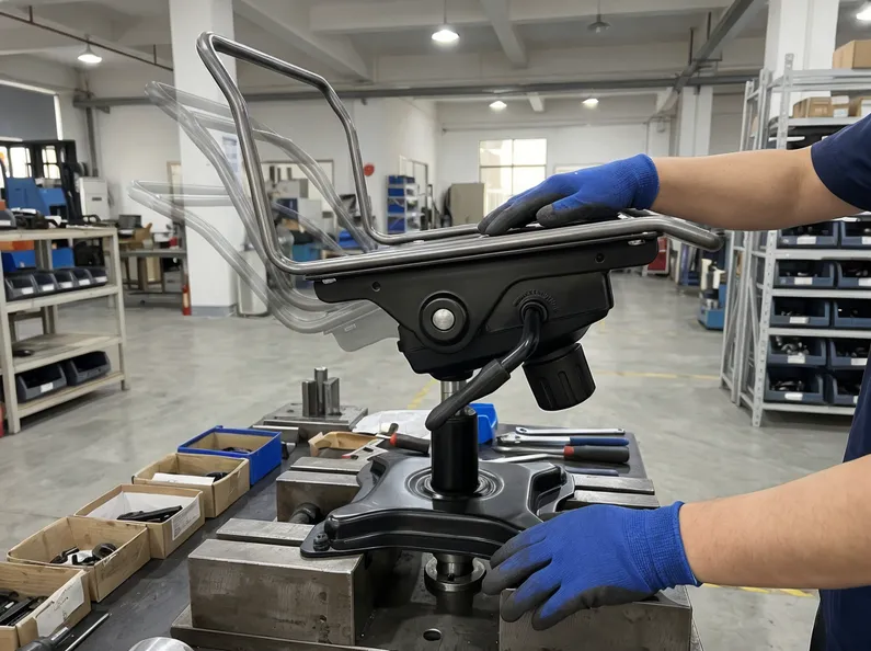 Center-pivot tilt mechanism assembly showing seat and backrest recline movement