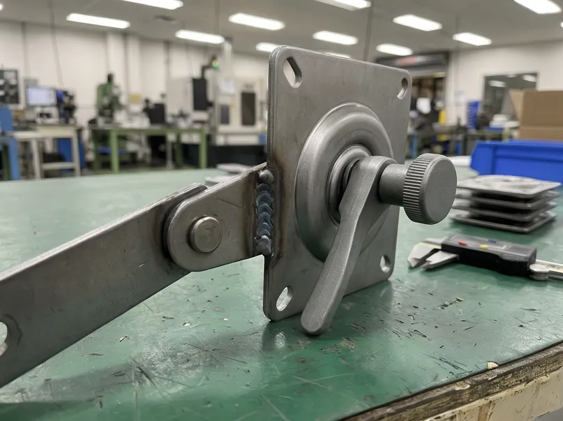 Tilt pivot MIG weld construction and progressive die stamped mechanism plate