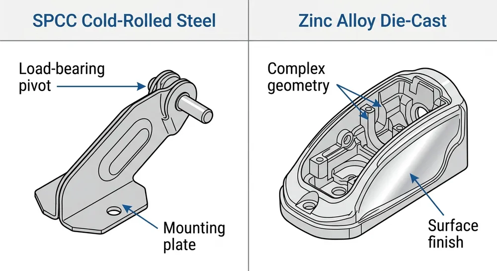Side-by-side comparison of SPCC cold-rolled steel stamping and zinc alloy die-casting for door furniture mechanism components