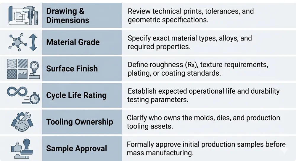 OEM door furniture mechanism specification checklist diagram showing drawing, material, finish, cycle life, and tooling requirements