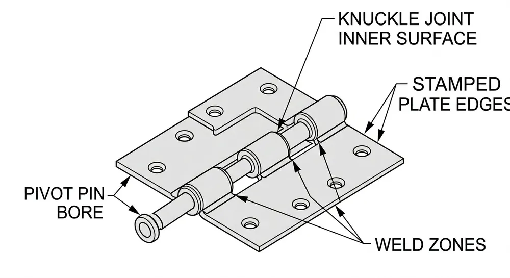 Diagram showing corrosion failure zones on a door hinge mechanism including pivot pin, knuckle joint, and stamped plate edges