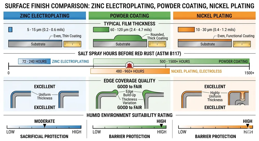 Comparison chart of zinc plating, powder coating, and nickel plating performance for door hinge mechanisms in humid environments