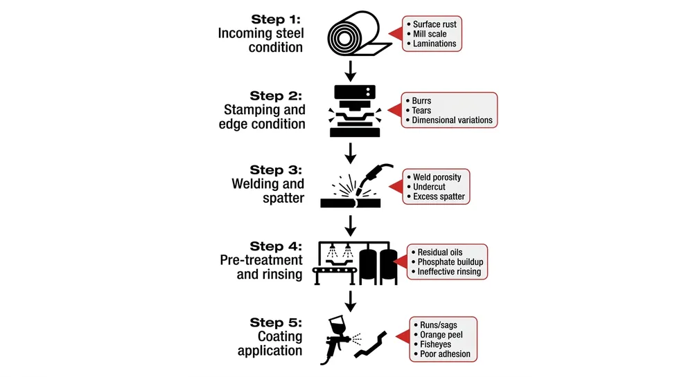Process flow diagram showing upstream causes of surface finish failure on door hinge mechanisms from steel incoming to final coating