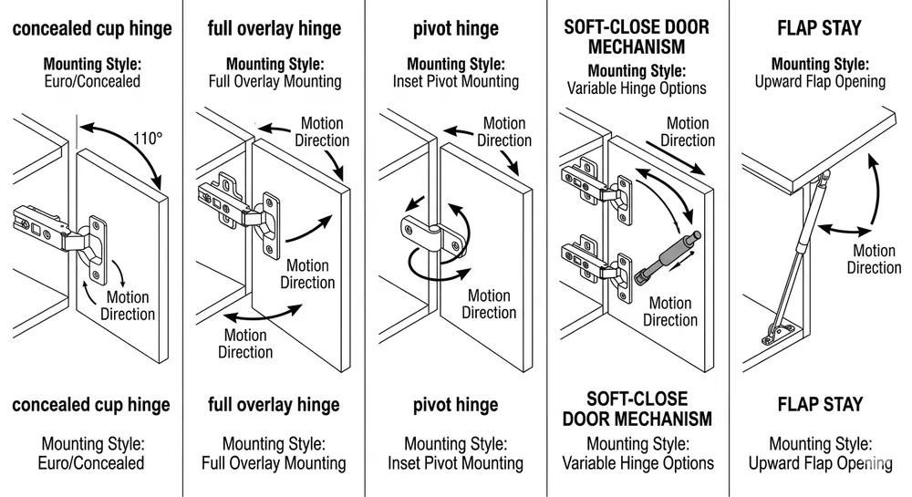 Overview diagram of cabinet door hinge mechanism types including concealed cup hinge, overlay hinge, pivot hinge, and soft-close flap stay