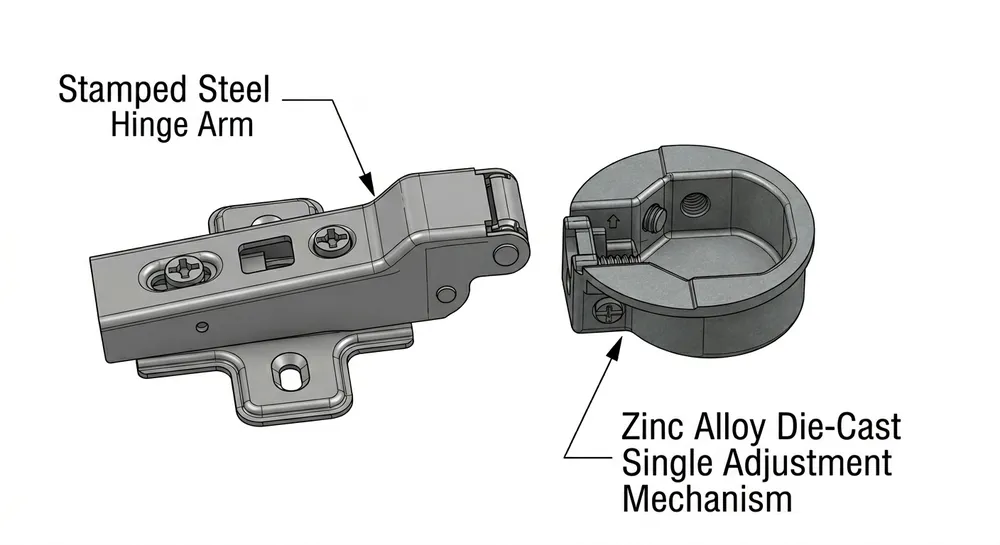 Side-by-side comparison of stamped steel hinge arm and zinc alloy die-cast adjustment component in a concealed cabinet hinge