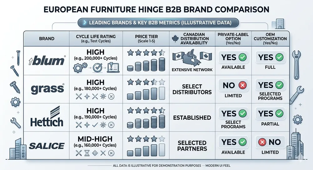 European Hinge Brand Comparison for Canadian Importers Comparison table of European hinge brands available in Canada showing cycle life ratings, price tier, and distribution model