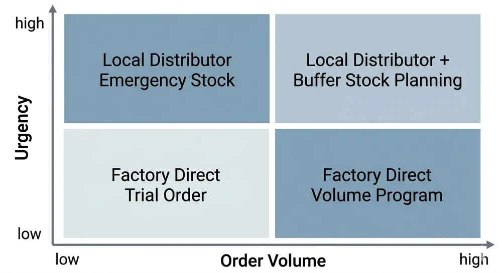 Hinge Sourcing Decision Matrix for Canadian Importers Decision matrix showing when to use local distribution versus factory-direct sourcing for furniture hinges based on order volume and urgency