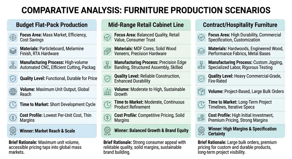 Decision chart showing which cabinet door hardware type wins across three production scenarios