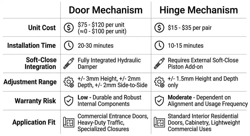 Side-by-side comparison matrix of door mechanism vs hinge mechanism across cost, installation, and performance dimensions
