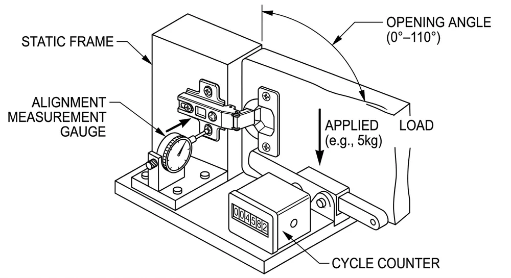 Diagram showing furniture hinge cycle life test setup with load, speed, and alignment measurement points