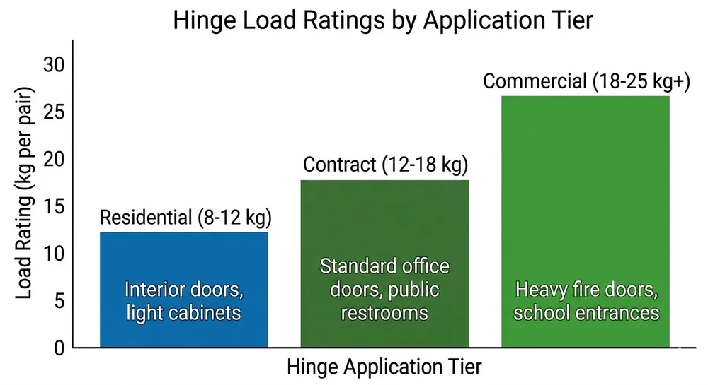 Bar chart comparing furniture hinge load ratings across residential, contract, and commercial application tiers