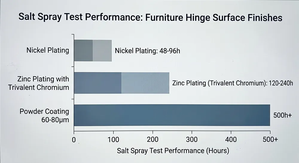Comparison chart of furniture hinge surface finish options showing salt spray hours for nickel plating, zinc plating, and powder coating