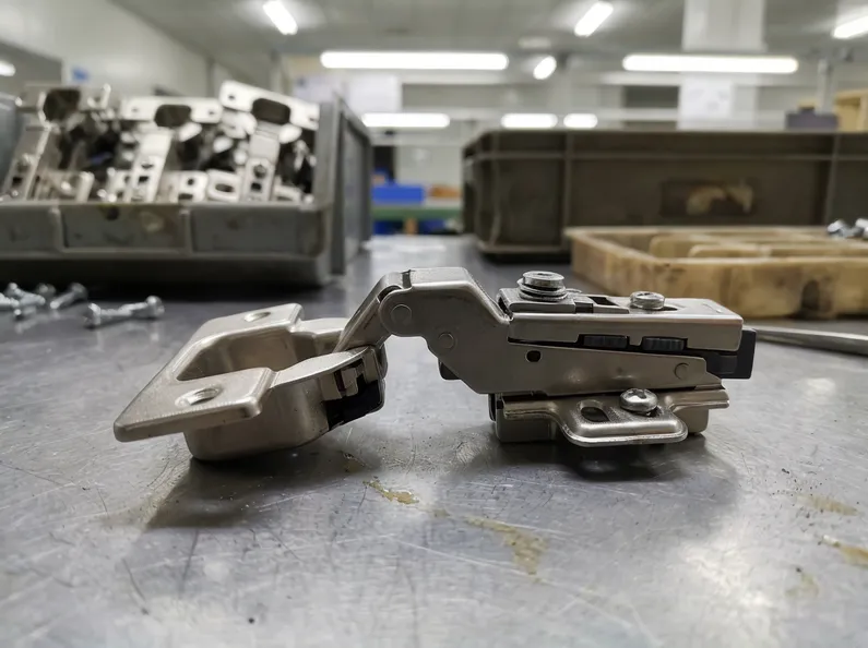 Complete door furniture mechanism assembly showing cup body, mounting arm, and adjustment cam