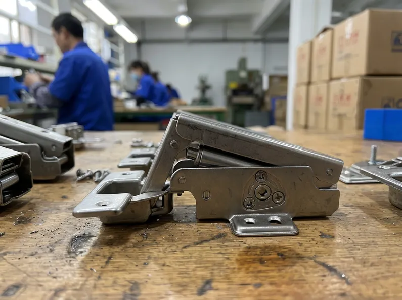 Door furniture mechanism — stamped steel body with soft-close damper and 3-way adjustment cam