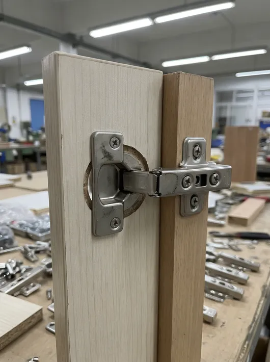 Door furniture mechanism technical detail showing 35mm cup bore and 3-way adjustment cam