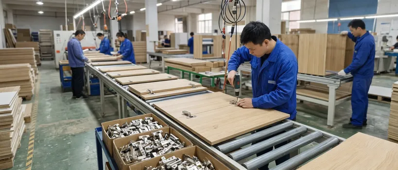 Kitchen cabinet manufacturing production line using door furniture mechanisms