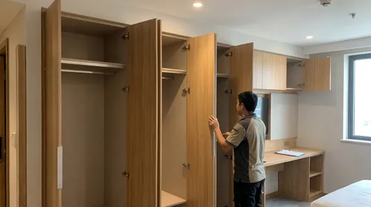 Hotel room fitted cabinetry using certified door mechanisms for contract furniture