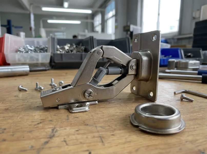 Door mechanism assembly showing hinge body, mounting plate, adjustment cam, and damper components