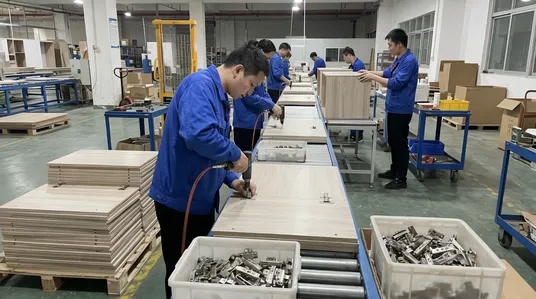 Kitchen cabinet manufacturing production line using door mechanisms