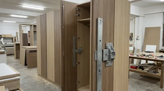 Full-height wardrobe fitted furniture system with heavy door mechanisms