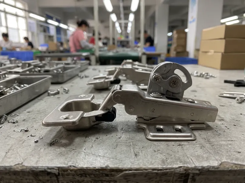 Hinge furniture mechanism assembly showing stamped steel body, die-cast adjustment cam, and soft-close damper components