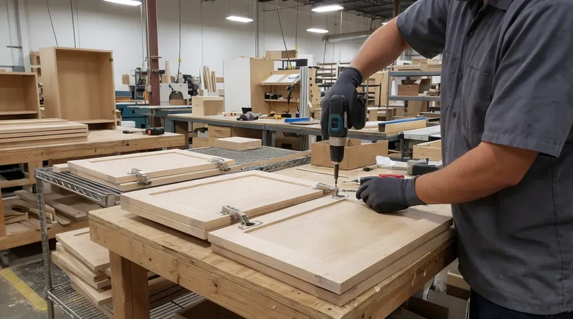 Soft-close hinge mechanisms installed in kitchen cabinet manufacturing