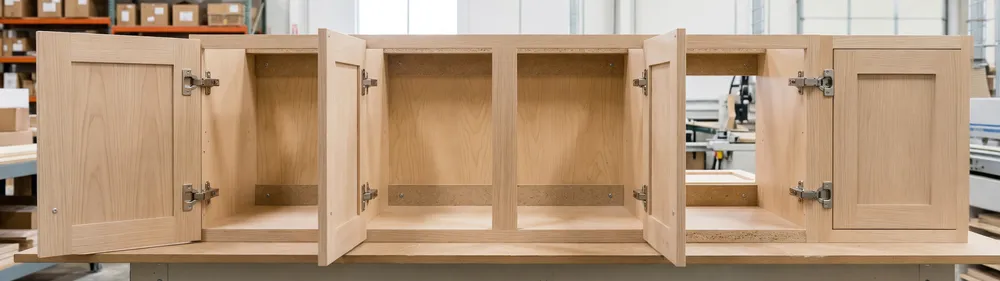 Hinge overlay configuration comparison: full overlay, half overlay, and inset installation on cabinet carcass