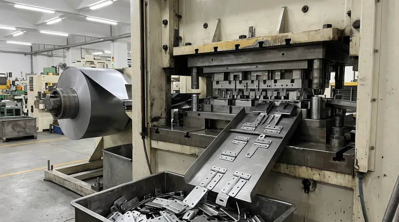 Progressive die stamping press forming SPCC steel hinge plates