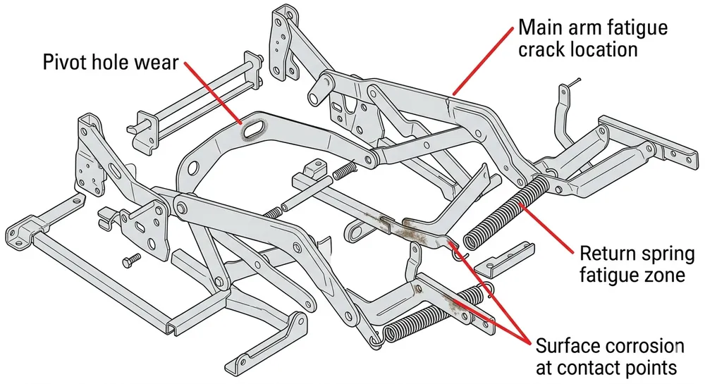Furniture Mechanism Cycle Life Failure Modes Diagram showing common failure points in a furniture recliner mechanism including pivot wear, spring fatigue, and bracket cracking