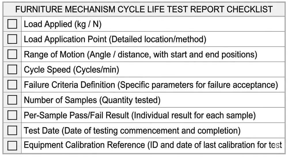 Cycle Life Test Report Verification Checklist Checklist of required fields in a credible furniture mechanism cycle life test report