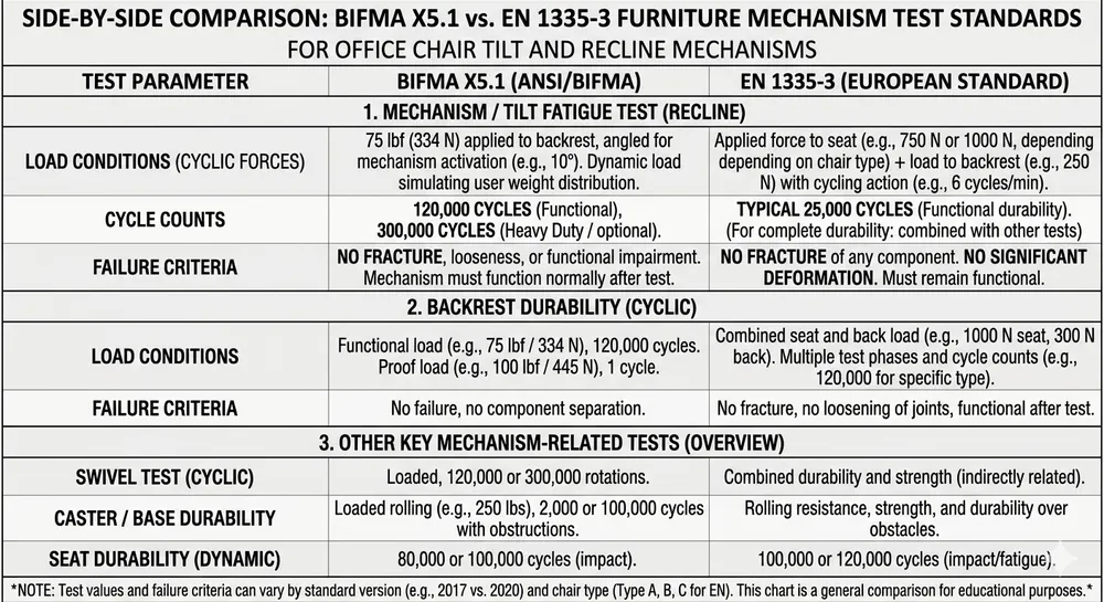 Cycle Life Test Standards Comparison Comparison table of BIFMA X5.1 and EN 1335 cycle life test standards for furniture mechanisms