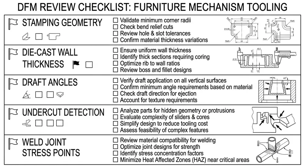 DFM review checklist for OEM furniture motion mechanism tooling showing common manufacturability flags