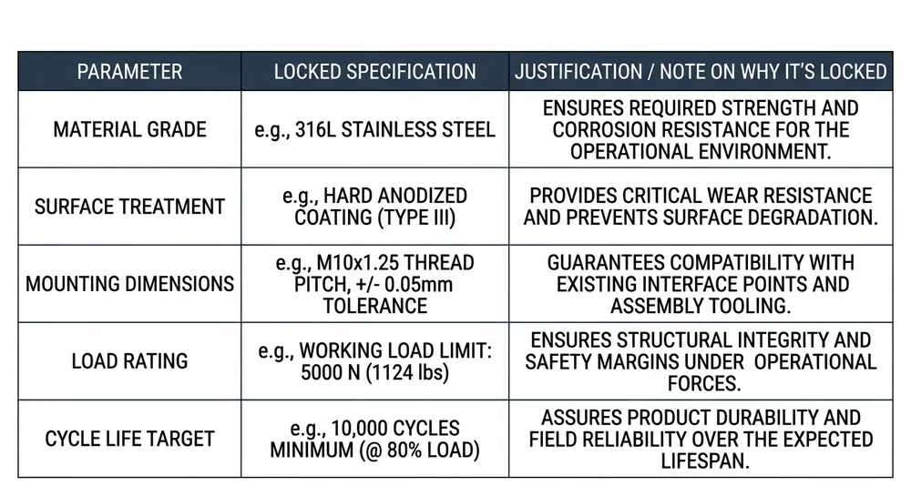 Spec lock parameter table for OEM furniture mechanism production showing locked variables after first article approval