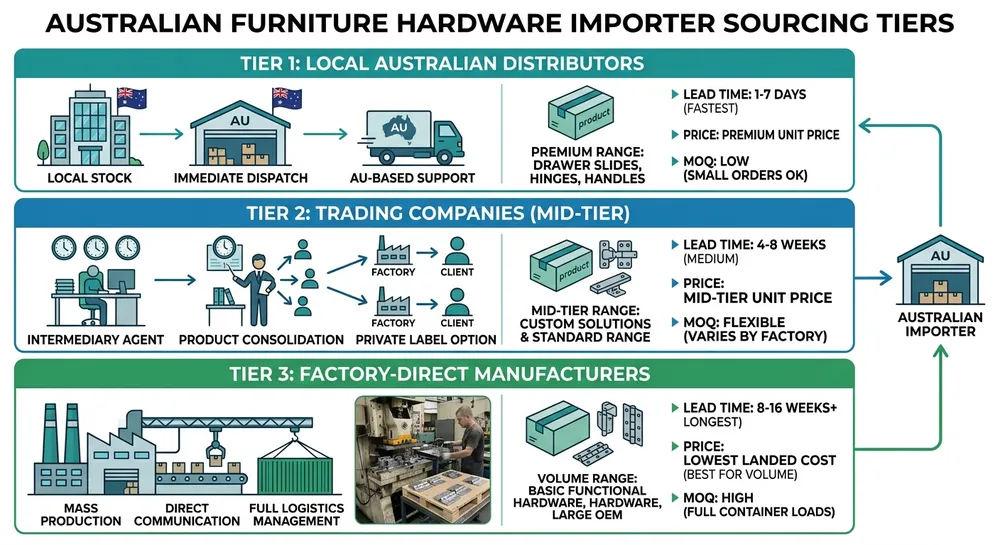 Diagram showing Australian furniture motion mechanism supplier types from local distributors to factory-direct China importers