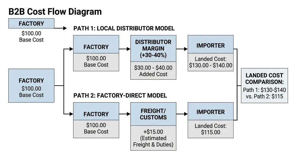 Cost flow diagram comparing landed cost of furniture mechanisms through local Australian distributor versus factory-direct import from China