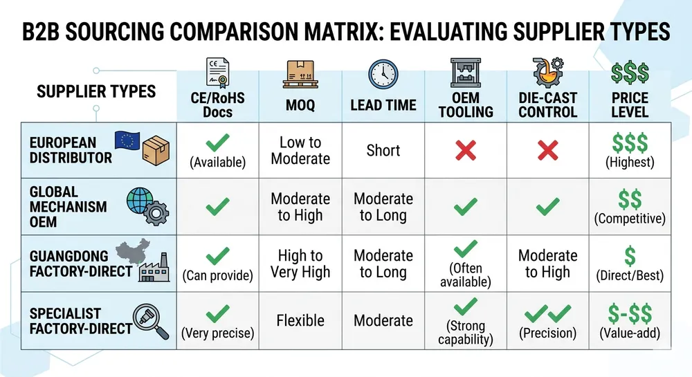Supplier Comparison Matrix — Motion Mechanism Sourcing Comparison matrix of furniture motion mechanism supplier types for French furniture brands showing certifications MOQ and OEM capability