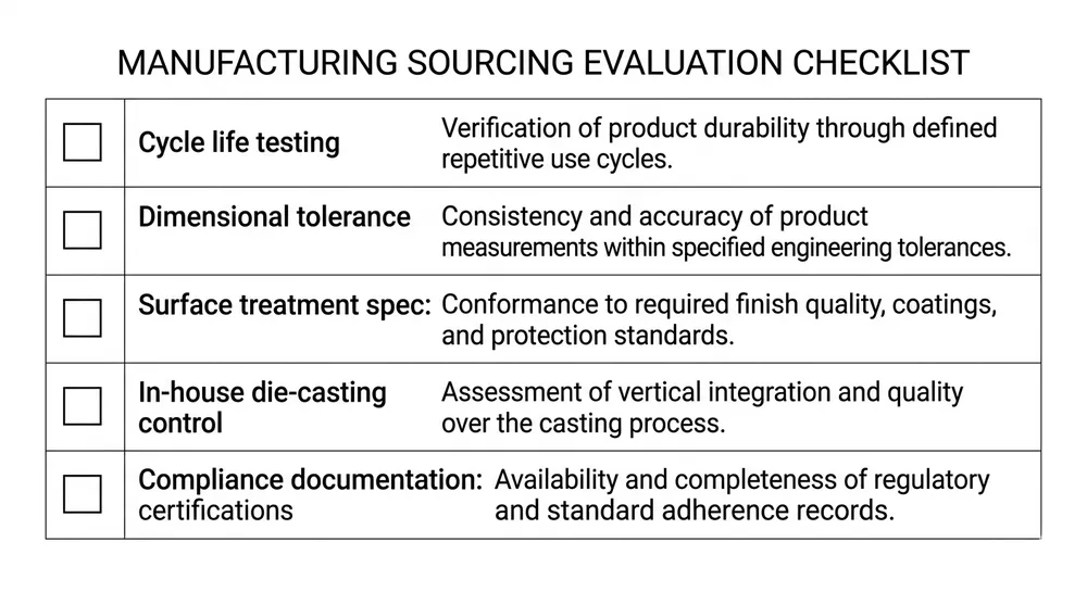 Supplier evaluation checklist for furniture motion mechanism importers covering cycle life, tolerance, surface treatment, die-casting, and compliance documentation