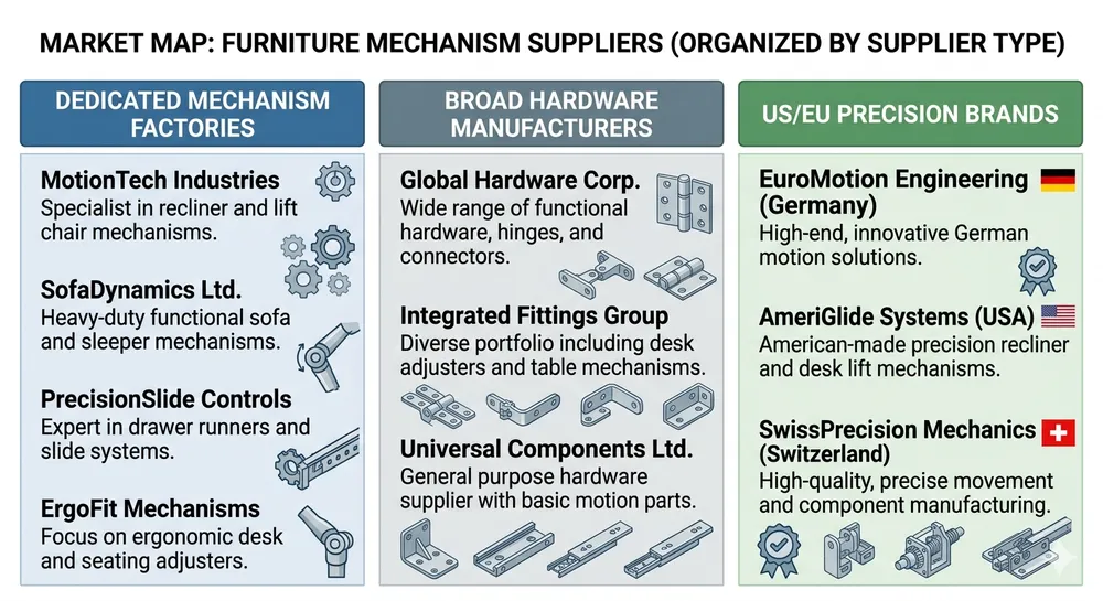 Supplier landscape map showing furniture motion mechanism manufacturers by type — dedicated factories, broad hardware manufacturers, and US distributors