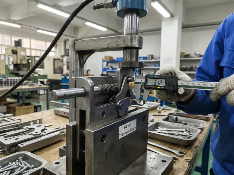 Locking detent subassembly under load testing showing tolerance measurement at ±0.1mm