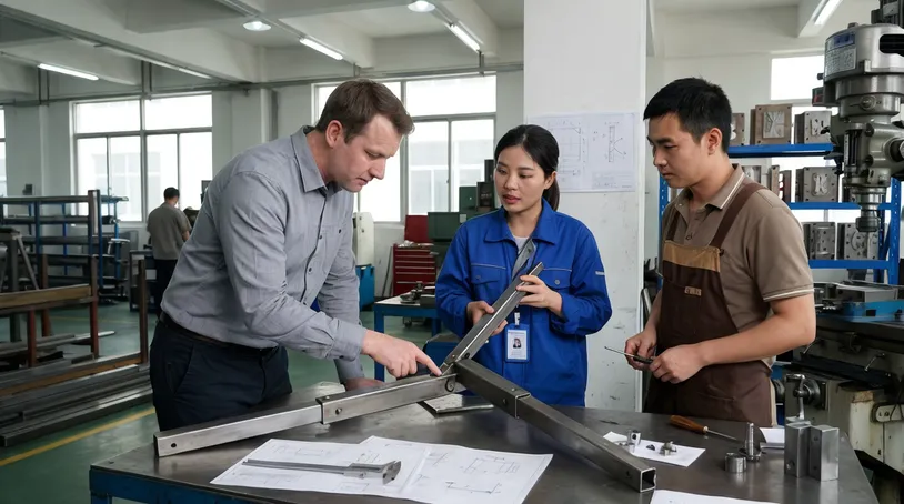 OEM furniture manufacturer reviewing custom folding mechanism sample with in-house tooling