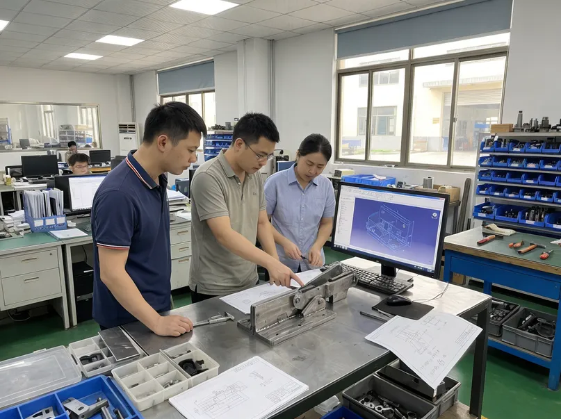 Engineering team developing custom OEM ODM folding mechanism with in-house tooling