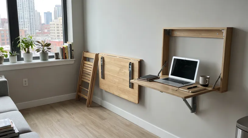 Fold-flat dining table and wall-mounted fold-down desk in urban apartment