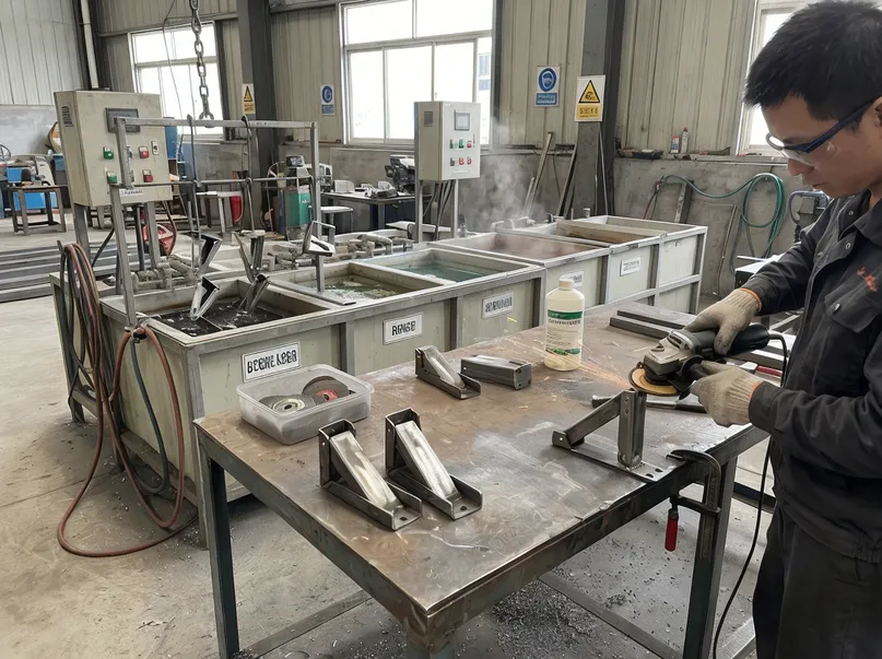 Weld seam grinding and chemical pre-treatment before powder coating on folding mechanism brackets