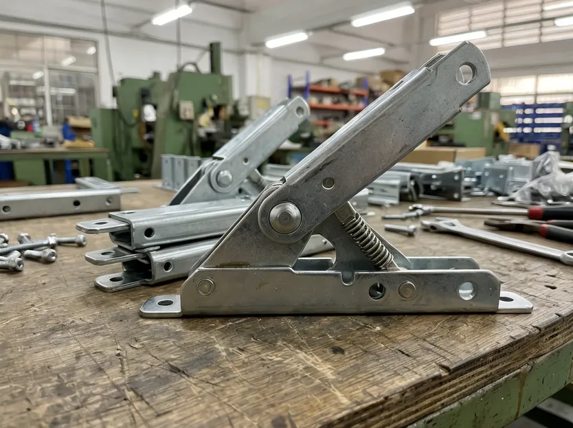 Folding furniture mechanism hinge pivot and locking detent hardware