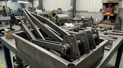 Structural metal furniture hardware including steel linkage arms and welded pivot assemblies
