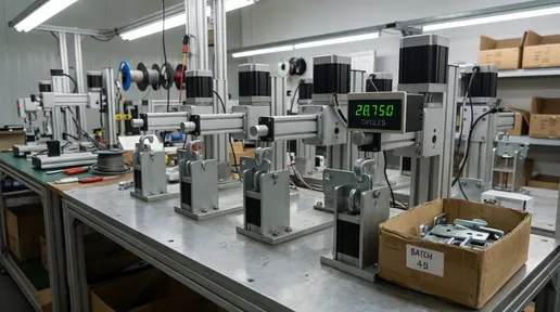 Modular furniture connector hardware showing engagement cycle testing