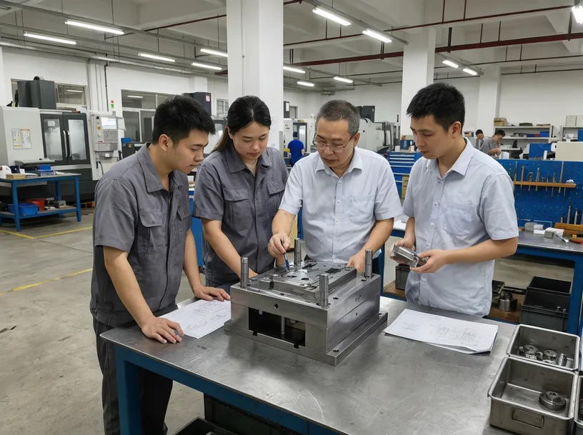 MVMHardware engineering team reviewing custom motion mechanism tooling in-house