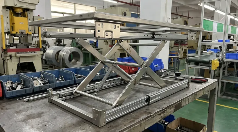 Precision-stamped brackets and slide rails for lift-top extending table hardware